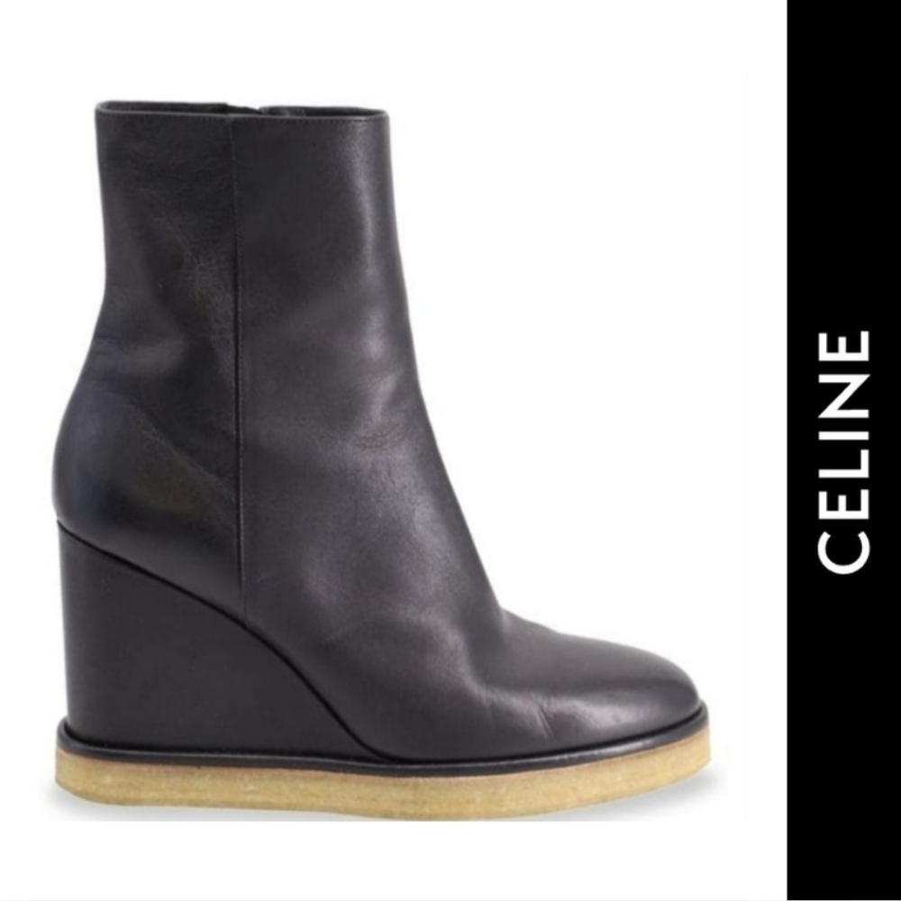 {CELINE} Manon Wedge Ankle Boots Black Size US 7 (EU 37)